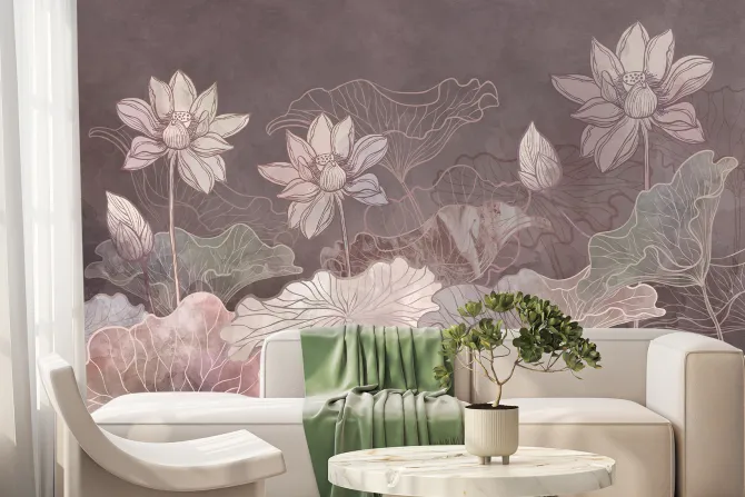 Fototapeta: Rysowane różowe kwiaty i liście lilii