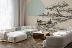 Fototapeta: Rysunek łódki na tle lasu i słońca