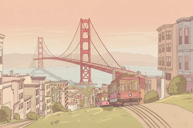 Fototapeta: Rysunek miasta z jadącym pociągiem