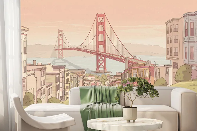 Fototapeta: Rysunek miasta z jadącym pociągiem