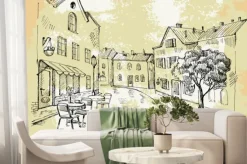 Fototapeta: Rysunkowa uliczka z kawiarnią i drzewem