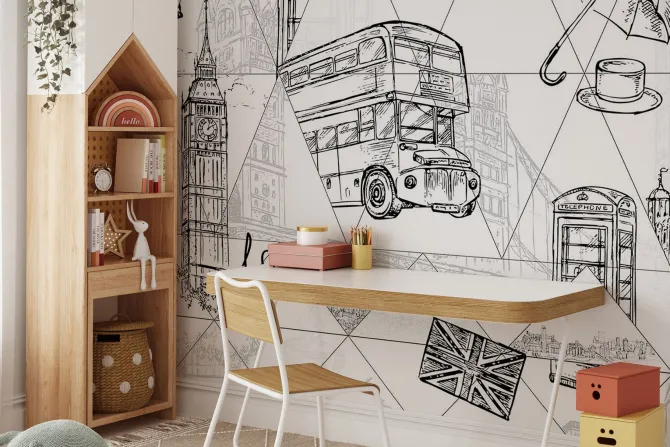 Fototapeta: Rysunkowy londyn z big benem i piętrowym autobusem