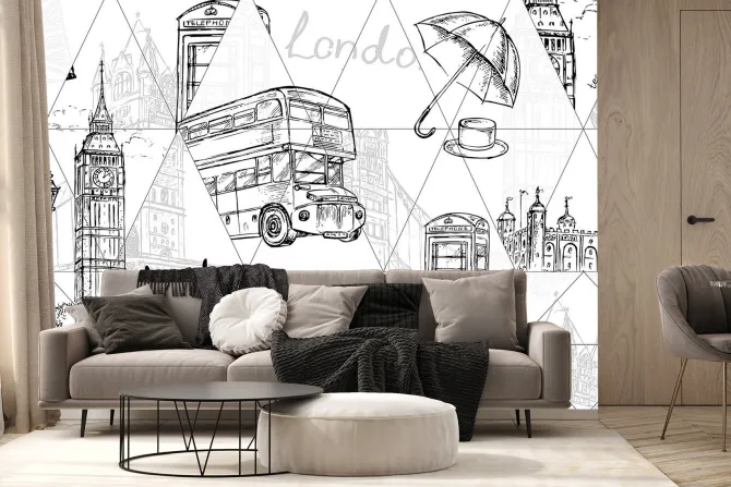 Fototapeta: Rysunkowy londyn z big benem i piętrowym autobusem