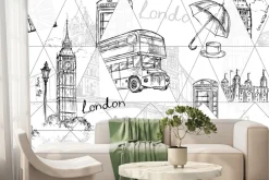 Fototapeta: Rysunkowy londyn z big benem i piętrowym autobusem