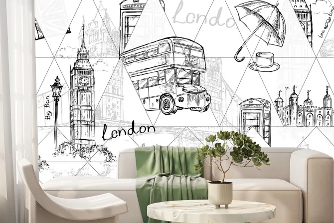 Fototapeta: Rysunkowy londyn z big benem i piętrowym autobusem