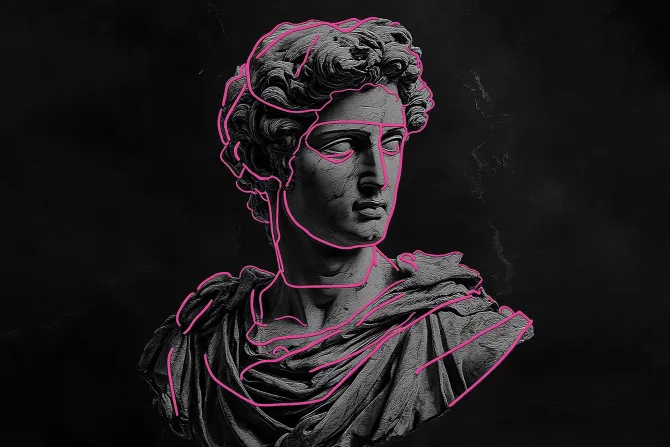 Fototapeta: Rzeźba greckiego boga z neonowymi liniami
