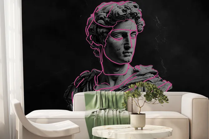 Fototapeta: Rzeźba greckiego boga z neonowymi liniami