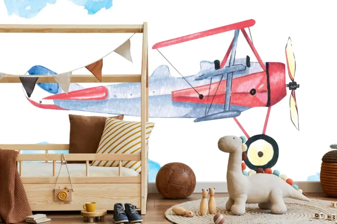 Fototapeta: Samolot i chmury w stylu akwareli