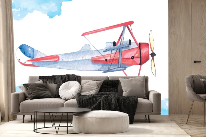 Fototapeta: Samolot i chmury w stylu akwareli