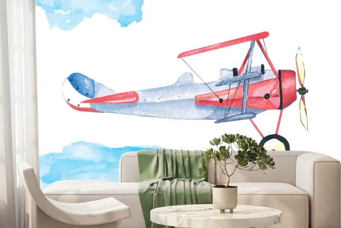 Fototapeta: Samolot i chmury w stylu akwareli