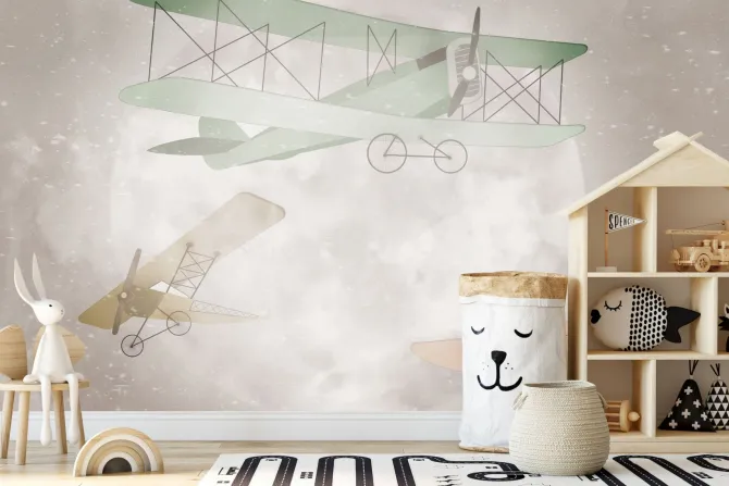 Fototapeta: Samoloty na akwarelowym niebie z księżycem w pełni