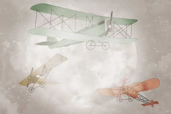 Fototapeta: Samoloty na akwarelowym niebie z księżycem w pełni