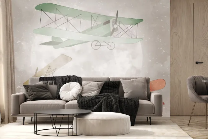 Fototapeta: Samoloty na akwarelowym niebie z księżycem w pełni