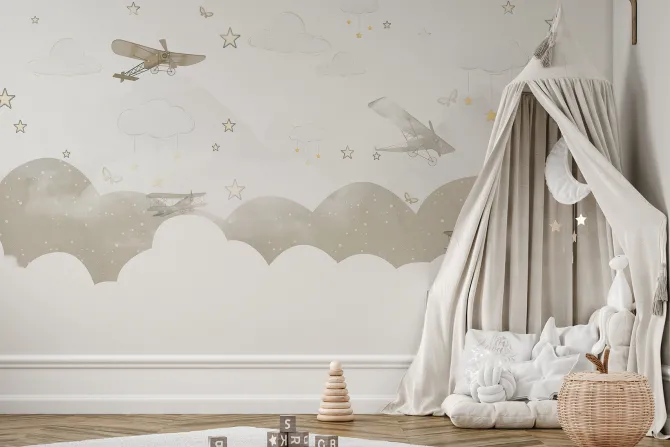 Fototapeta: Samoloty na niebie wśród chmur i gwiazd