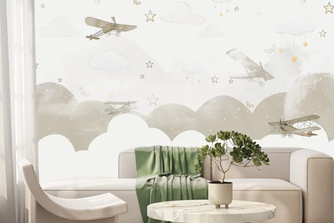 Fototapeta: Samoloty na niebie wśród chmur i gwiazd