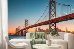 Fototapeta: San fransisco linia horyzontu z oakland zatoki mostem przy zmierzchem,