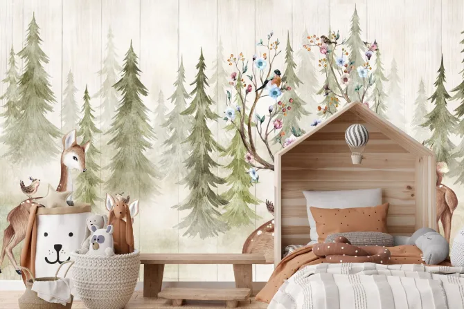 Fototapeta: Sarna z rogami w kwiaty na tle lasu