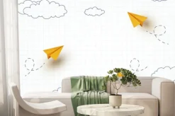 Fototapeta: School notebook background. 3d flying yellow paper airplanes.