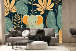 Fototapeta: Seamless pattern with african elephants and plants in a childish