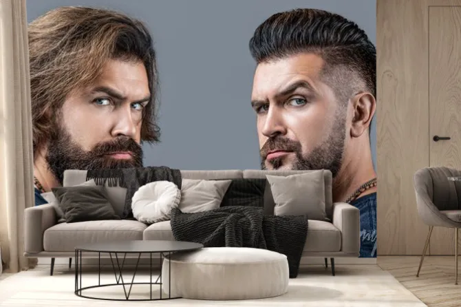 Fototapeta: Shaving, hairstyling. beard, shave before, after. long beard