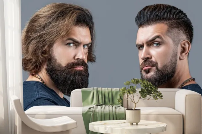 Fototapeta: Shaving, hairstyling. beard, shave before, after. long beard