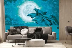 Fototapeta: Skaczące delfiny przy pełni księżyca