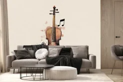 Fototapeta: Skrzypce z nutami w akwareli na ścianie
