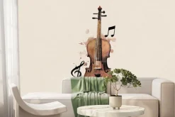 Fototapeta: Skrzypce z nutami w akwareli na ścianie