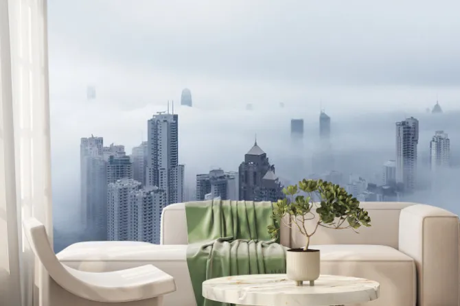 Fototapeta: Skyscraper in downtown of hong kong city in fog