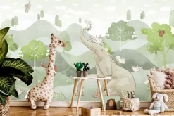 Fototapeta: Słoń i lis na zielonych wzgórzach