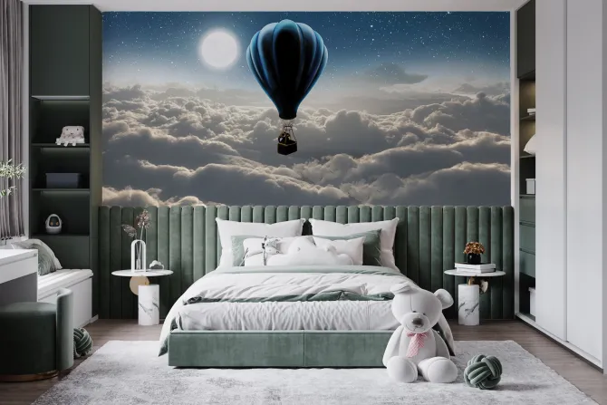 Fototapeta: Słoń w balonie unoszący się nad chmurami