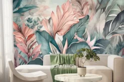 Fototapeta: Soft colored tropical leaf wallpaper, banana plants, mural art,