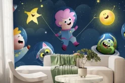 Fototapeta: Space travel with kids, dog and cat, ufo alien. baby cosmonaut