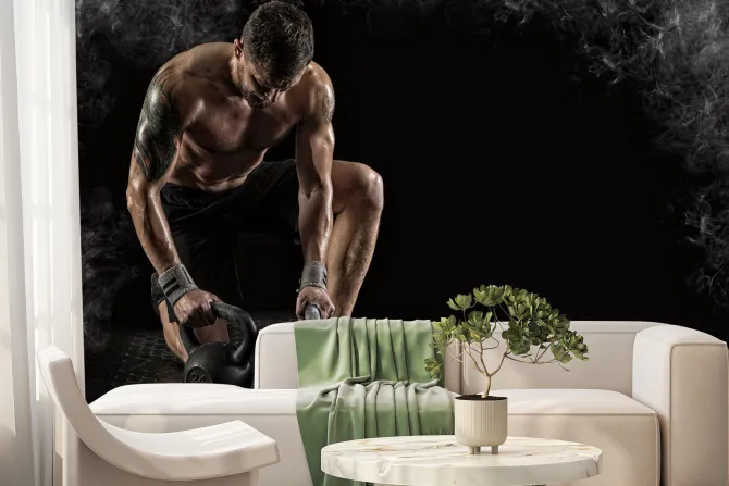 Fototapeta: Sportowiec umięśniony ćwiczy z kettlebell