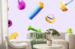 Fototapeta: Sports and fitness set, falling equipment with smart watch mock