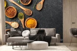 Fototapeta: Stół do gotowania z przyprawami i ziołami