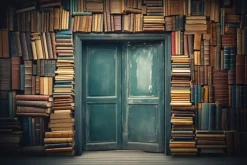 Fototapeta: Stare drzwi na ścianie z książkami