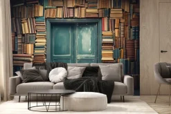 Fototapeta: Stare drzwi na ścianie z książkami