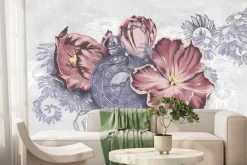 Fototapeta: Stary zegar wśród różowych kwiatów