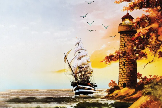 Fototapeta: Statek na morzu płynący obok latarni morskiej