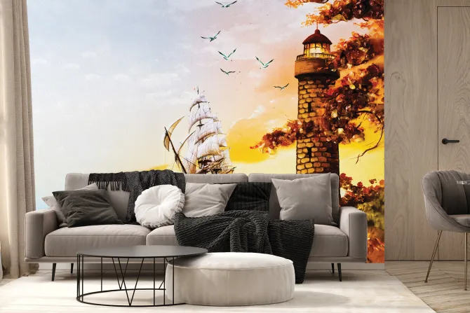 Fototapeta: Statek na morzu płynący obok latarni morskiej