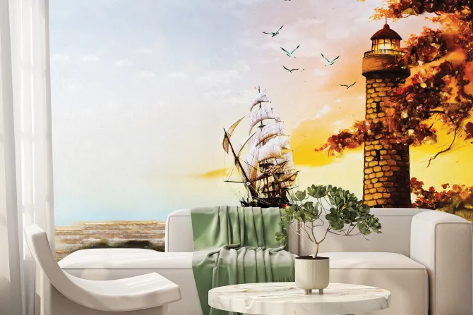 Fototapeta: Statek na morzu płynący obok latarni morskiej