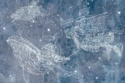 Fototapeta: Statek z wielorybami na gwiezdnym niebie abstrakcyjny wzór dziecięcy