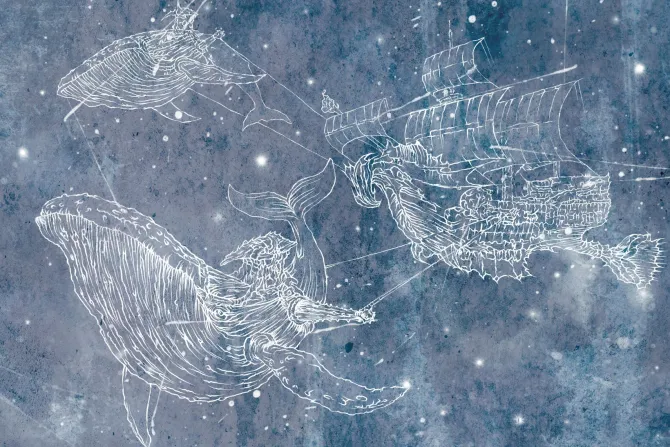 Fototapeta: Statek z wielorybami na gwiezdnym niebie abstrakcyjny wzór dziecięcy