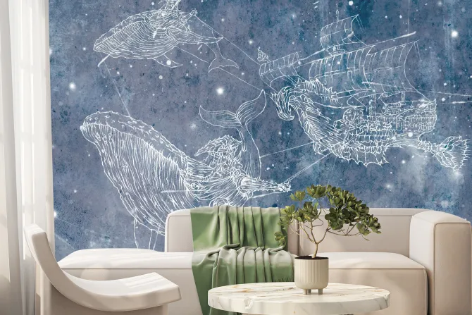 Fototapeta: Statek z wielorybami na gwiezdnym niebie abstrakcyjny wzór dziecięcy