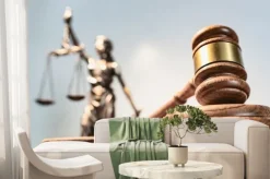 Fototapeta: Statue of lady justice on bright background - side view with