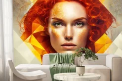 Fototapeta: Striking portrait of a beautiful woman with curly red hair and