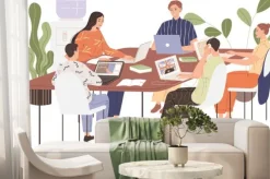 Fototapeta: Students in english class sit at tables and study the material