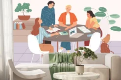 Fototapeta: Students studying together, sitting at the table and learning