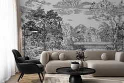 Fototapeta: Styl szkicu krajobraz z rzeką i drzewami w czarno białej tonacji